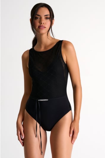 One-piece with high collar and signature mesh